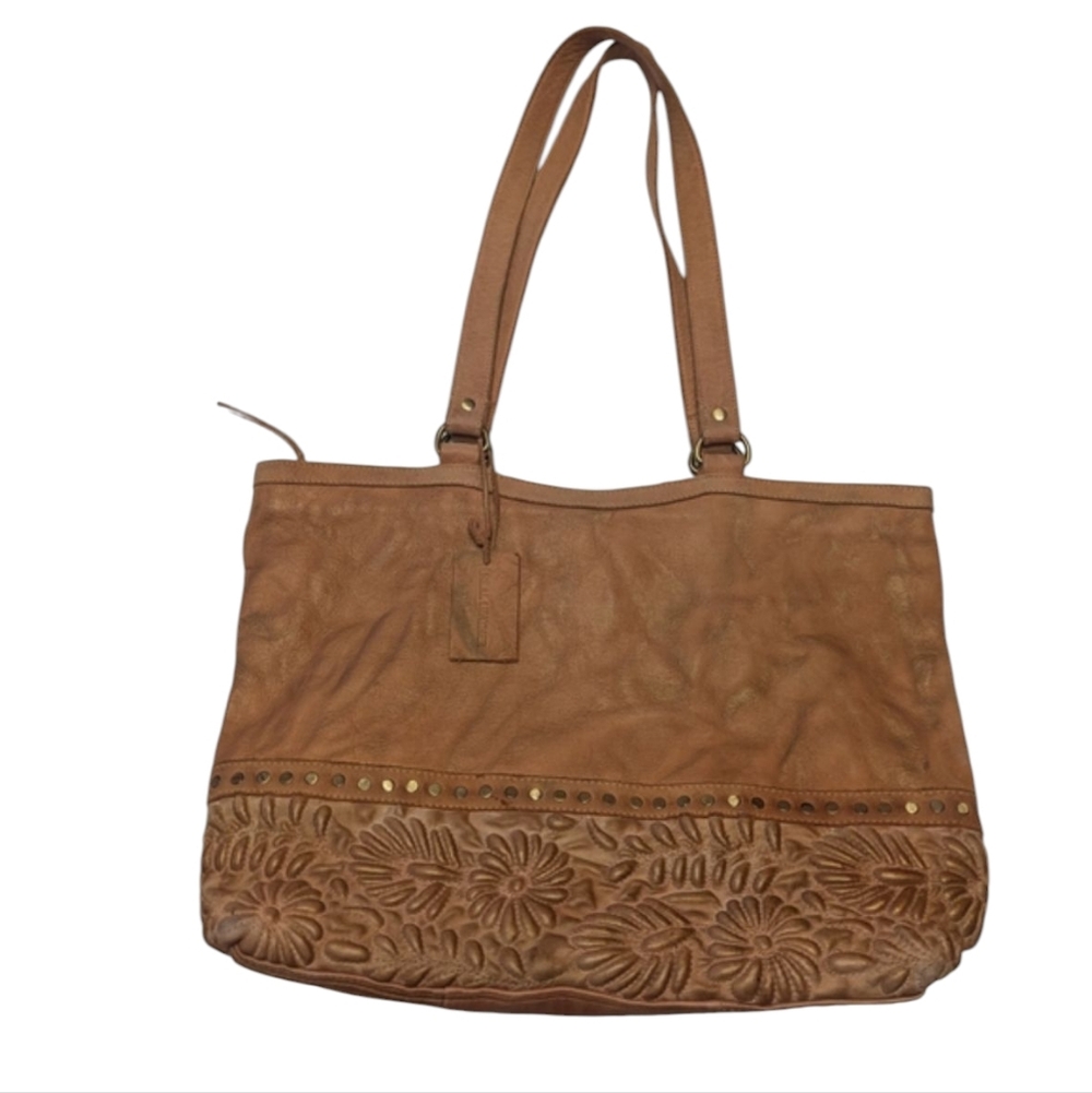 Anabaglish Vera Leather Tan Tote Floral Tooled Studs Bohemian Handbag